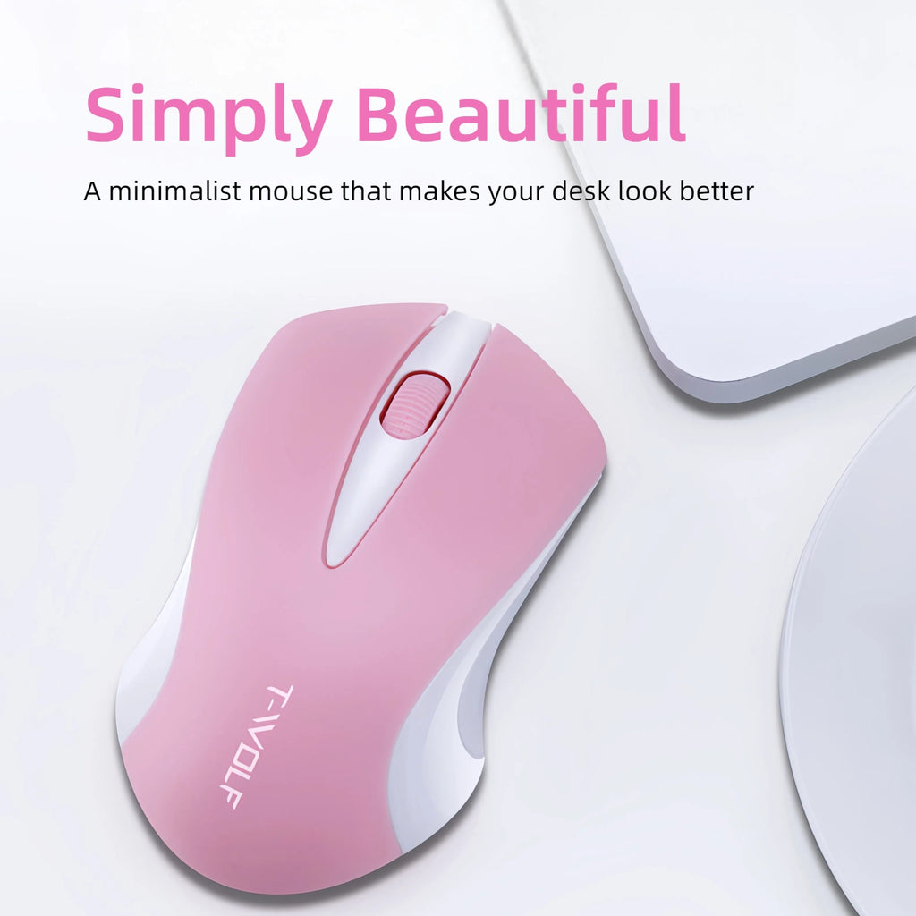 T-WOLF Portable Wireless Mouse- 2.4G Nano Receiver, Long Battery Life, Ergonomic Optical Mouse, Simple Stylish Work Home Study Mouse for Laptop, PC, Tablet- Black, White& Pink