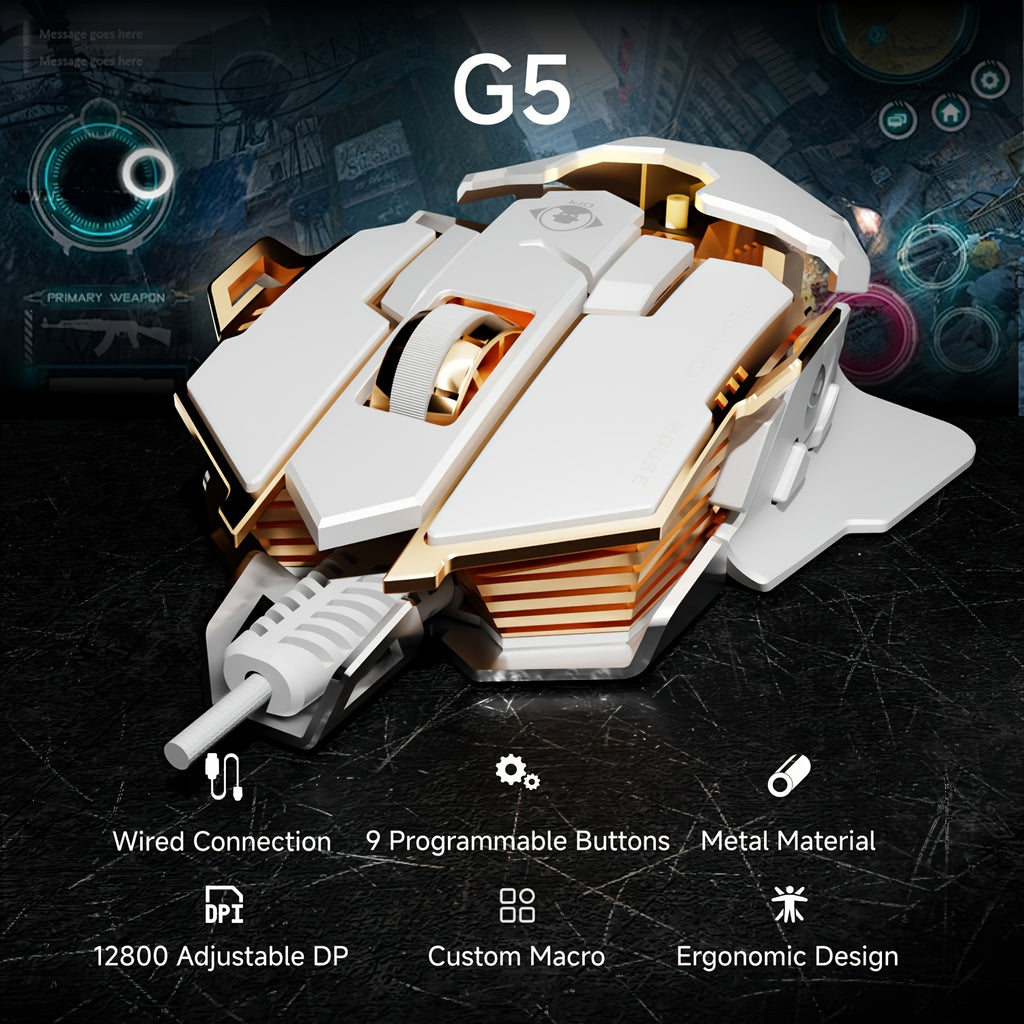 EWEADN G5 USB Wired Gaming Mouse Silent or Audible Optional Metal Mechanical Mouse Gamer with 8 Buttons Macro Function Keys, Support Tail Length Adjustment to Suit Different Hand Sizes Perfect for Desktop, Laptop, Computer, School