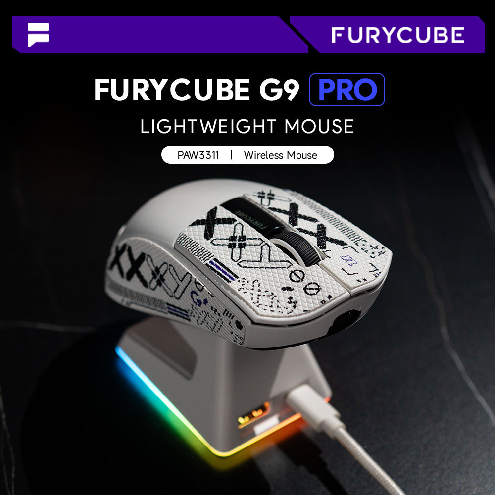FURYCUBE The G9PRO Black\u002FWhite Tri-Mode Wireless Mouse with Charging Dock Supports Bluetooth\u002F2.4G\u002Fwired Connections, Boasts A Long-lasting 500mAh Rechargeable Battery, and Adjustable DIP 22000, Making It Ideal for Esports Gaming.