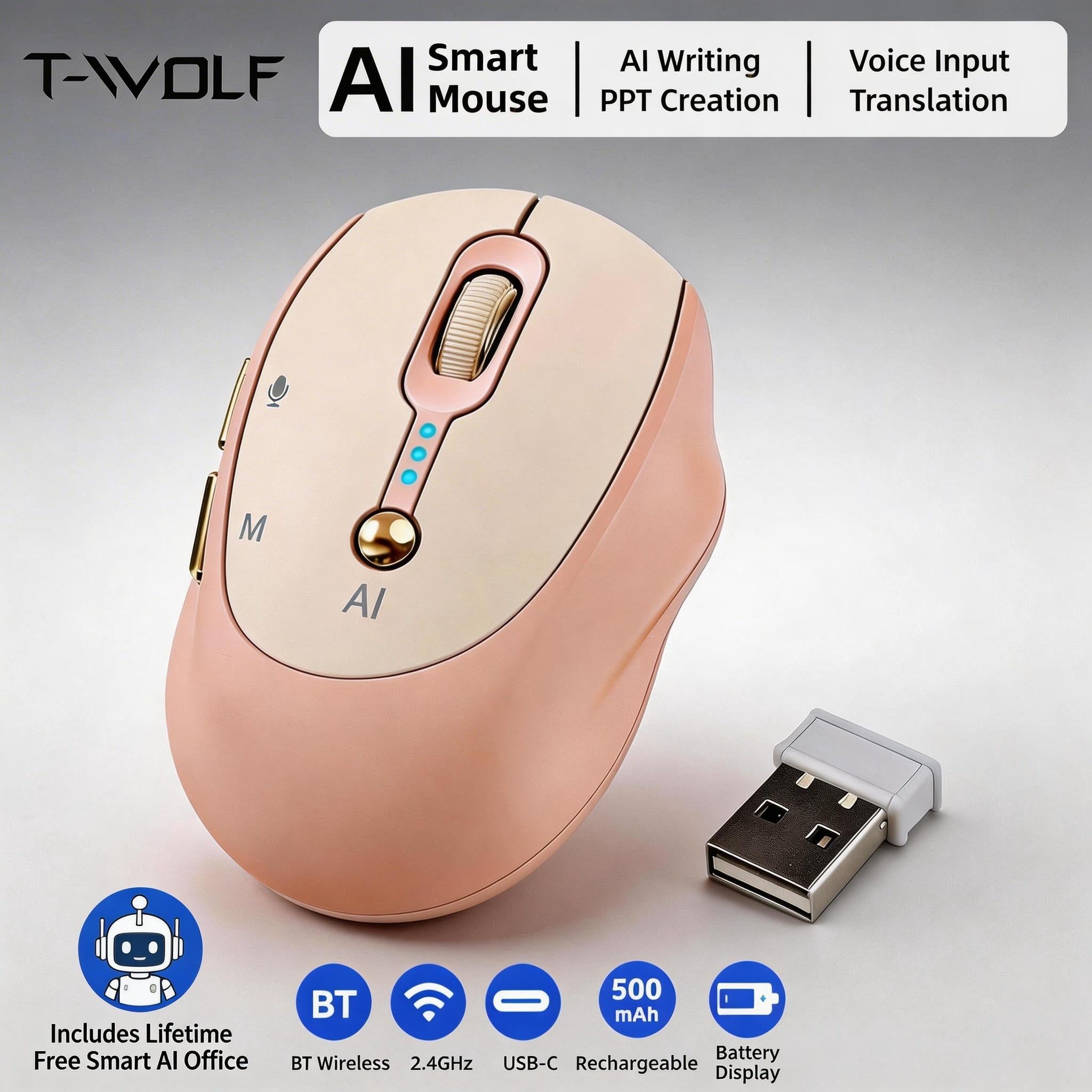 T-WOLF AI Wireless Mouse - Includes Free Smart AI Office, Voice-To-Text And Translation, AI Writing And PPT Generation, Silent Wireless + 2.4G Dual-Mode Office Mouse, Rechargeable with Battery Level Display, Suitable for PC, Laptops, And Tablets