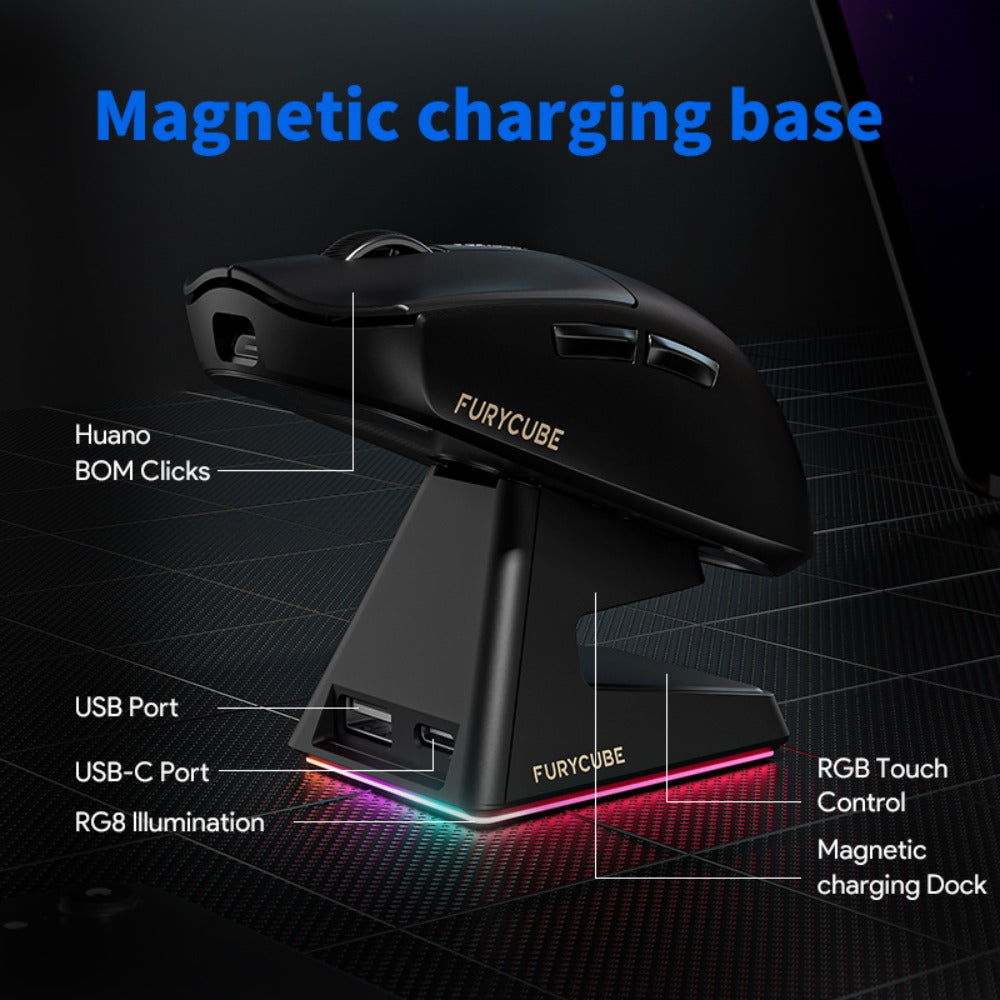 FURYCUBE The G9PRO Black\u002FWhite Tri-Mode Wireless Mouse with Charging Dock Supports Bluetooth\u002F2.4G\u002Fwired Connections, Boasts A Long-lasting 500mAh Rechargeable Battery, and Adjustable DIP 22000, Making It Ideal for Esports Gaming.